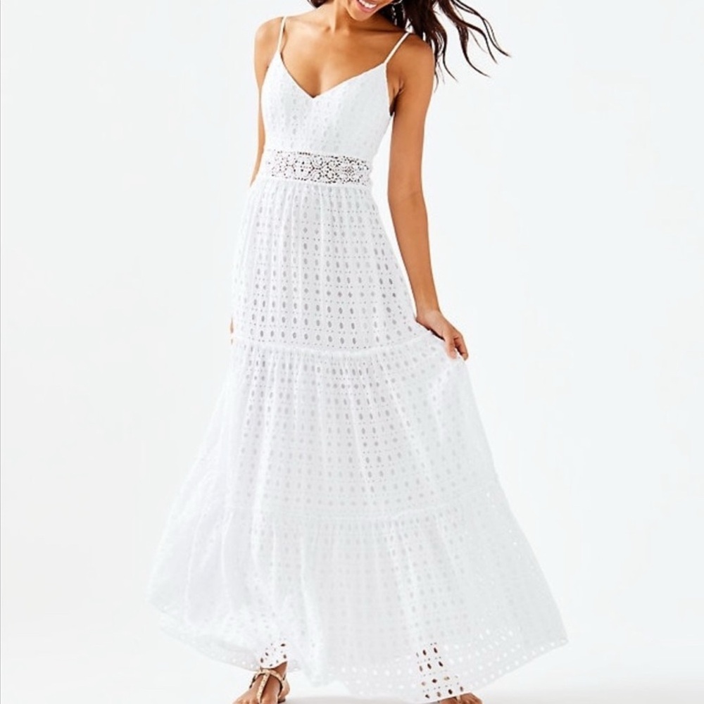 NEW Lilly Pulitzer Melody Resort White Stripey Eyelet Maxi Dress Women's 14